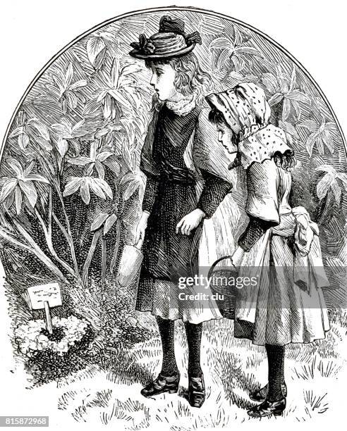 ilustrações de stock, clip art, desenhos animados e ícones de two victorian girls standing at the grave of their hare - 1891