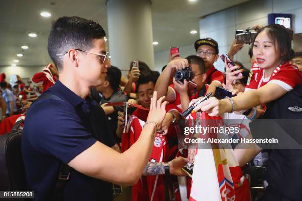 James Rodriguez of FC Bayern Muenchen arrives with the team at Shanghai Pudong International Airport for the Audi Summer Tour 2017 on July 17, 2017...