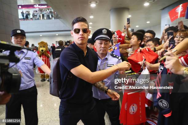 James Rodriguez of FC Bayern Muenchen arrives with the team at Shanghai Pudong International Airport for the Audi Summer Tour 2017 on July 17, 2017...