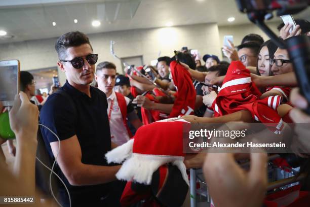 Robert Lewandowski of FC Bayern Muenchen arrives with the team at Shanghai Pudong International Airport for the Audi Summer Tour 2017 on July 17,...