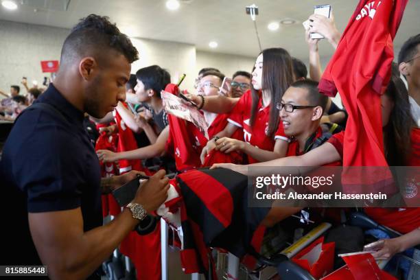 Corentin Tolisso of FC Bayern Muenchen arrives with the team at Shanghai Pudong International Airport for the Audi Summer Tour 2017 on July 17, 2017...