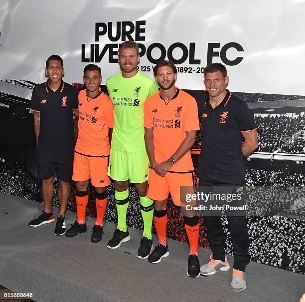 Roberto Firmino, Philippe Coutinho, Simon Mignolet, Adam Lallana and James Milner of Liverpool at the Liverpool Football Clubs third kit launch at...
