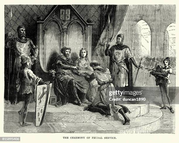 mittelalterliche ritter dienst zu seinem lehnsherr schwören - ritter stock-grafiken, -clipart, -cartoons und -symbole