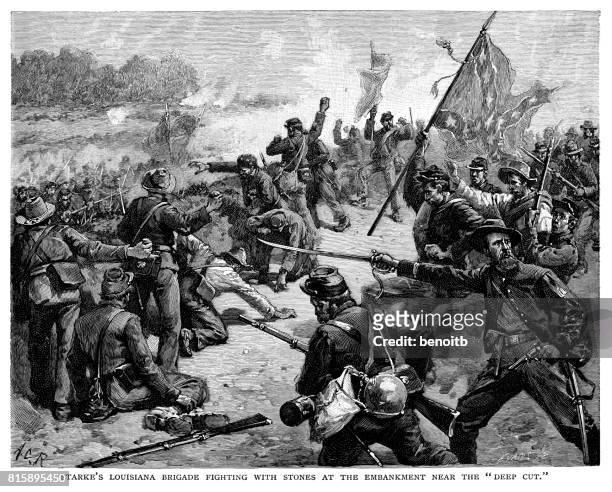 strake's louisiana brigade fighting with rocks at the embankment near the deep cut - civil war stock illustrations