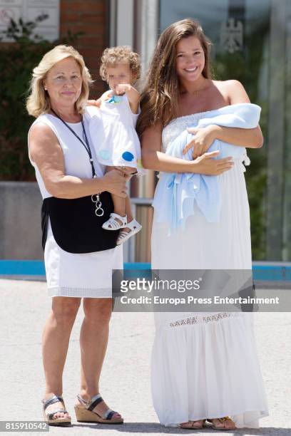 Model Malena Costa , her daughter Matilda Suarez and her mother present Malena's newborn son Mario Suarez at Ruber Internacional on July 15, 2017 in...