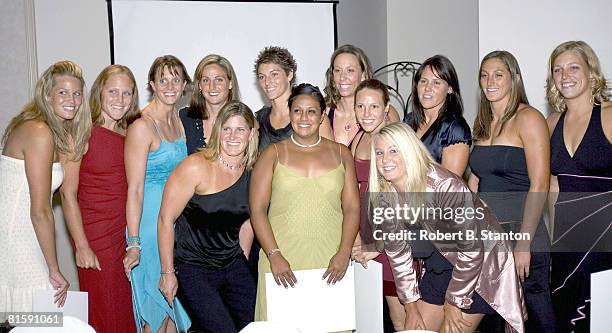 Olympic Women's Water Polo team photo from Rear Left to Right: Amber Stachowski, Heather Petri, Ellen Estes, Thalia Munro, Ericka Lorenz, Heather...