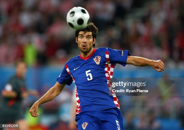 Vedran Corluka of Croatia tries to control the ball during the UEFA EURO 2008 Group B match between Poland and Croatia at Worthersee Stadion on June...