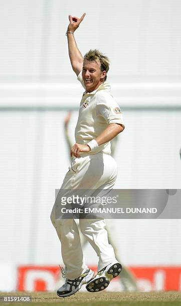 Australian bowler Brett Lee celebrates thinking wrongly he got the last West Indies wicket to lead his team to victory during the fifth and last day...