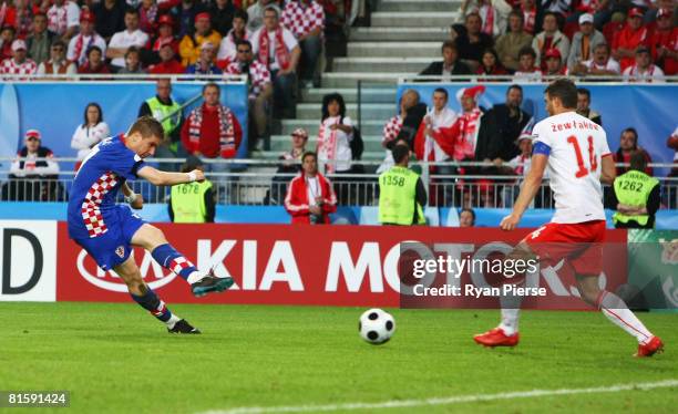 Ivan Klasnic of Croatia scores the opening goal against Poland during the UEFA EURO 2008 Group B match between Poland and Croatia at Worthersee...