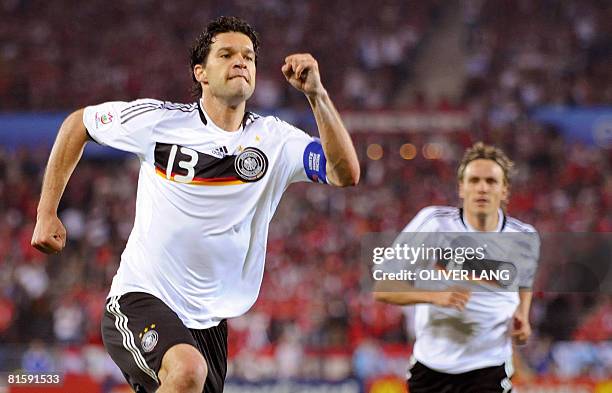 German midfielder Michael Ballack celebrates after scoring the first goal during the Euro 2008 Championships Group B football match Austria vs....