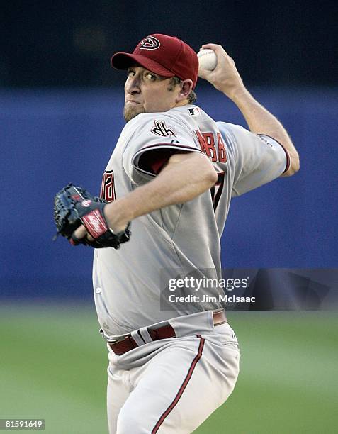 Brandon Webb of the Arizona Diamonbacks pitches against the New York Mets on June 11, 2008 at Shea Stadium in the Flushing neighborhood of the Queens...