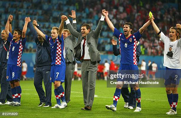 Croatian head coach Slaven Bilic celebrates with his players after the UEFA EURO 2008 Group B match between Poland and Croatia at Worthersee Stadion...