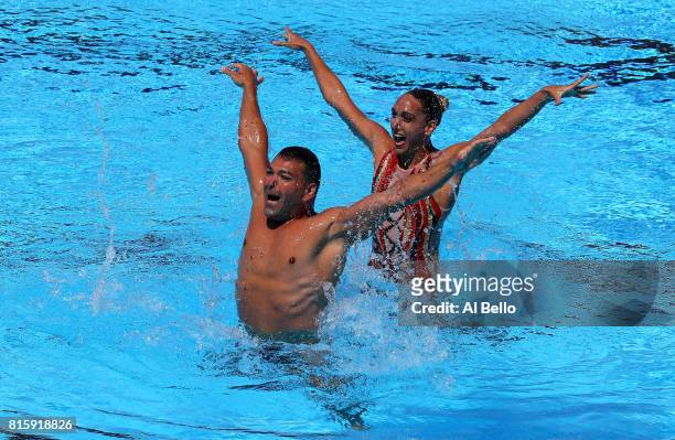 Rene Robert Prevost and Isabelle Rampling of Canada compete during the Synchronised Swimming Mixed Duet Technical final on day four of the Budapest...