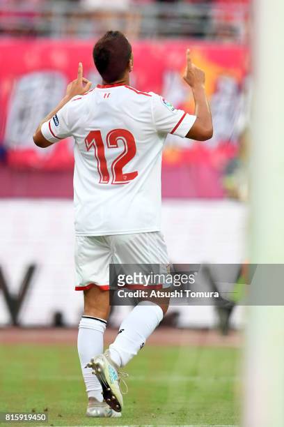 Wissam Ben Yedder of Sevilla FC celebrates after scoring a goal during the preseason friendly match between Cerezo Osaka and Sevilla FC at Yanmar...