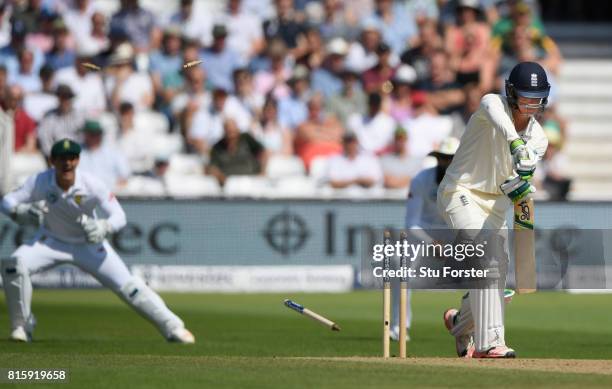 Keaton Jennings is bowled by Vernon Philander for 3 runs during day four of the 2nd Investec Test match between England and South Africa at Trent...