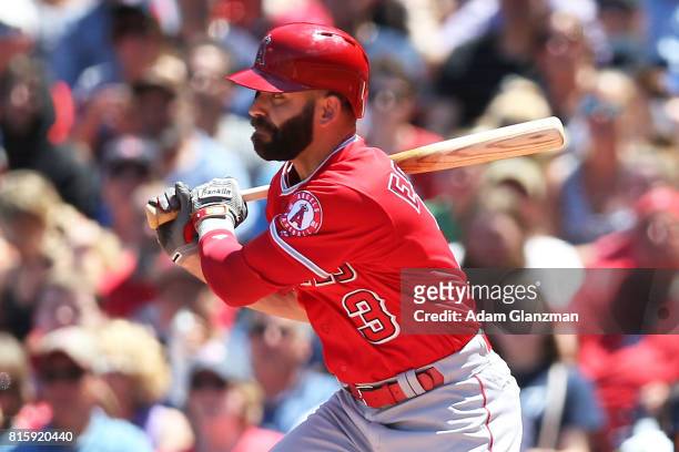 Danny Espinosa of the Los Angeles Angels of Anaheim bats during a game against the Boston Red Sox at Fenway Park on June 25, 2017 in Boston,...
