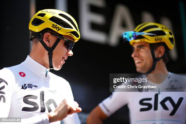 Christopher Froome of Great Britain riding for Team Sky and Mikel Landa of Spain riding for Team Sky talk before training on the second rest day of...