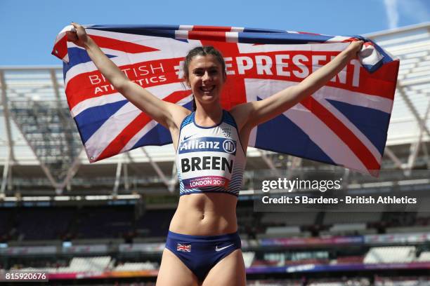 Olivia Breen of Great Britain celebrates winning the gold medal in the Women's Long Jump T38 Final during Day Four of the IPC World ParaAthletics...