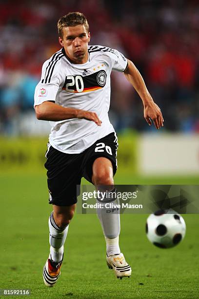 Lukas Podolski of Germany runs with the ball during the UEFA EURO 2008 Group B match between Austria and Germany at Ernst Happel Stadion on June 16,...