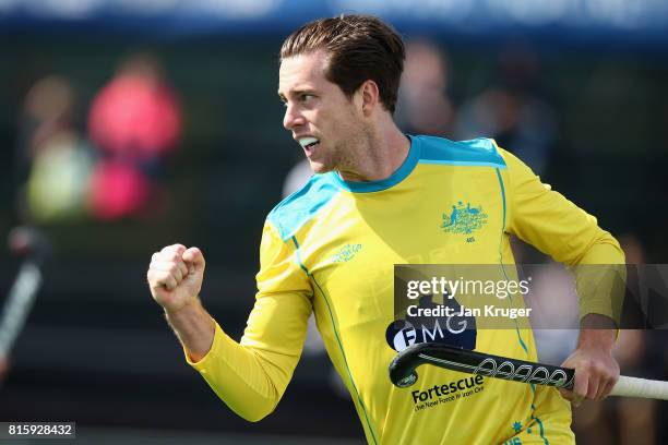 Dylan Wotherspoon of Australia celebrates scoring his sides first goal during the Group A match between Australia and Japan on day five of the FIH...