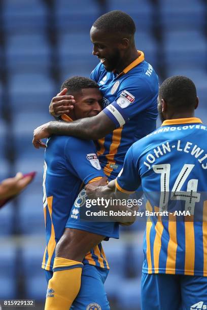 Zak Jules of Shrewsbury Town celebrates after scoring a goal to make it 1-0 during the pre-season friendly match between Shrewsbury Town and Aston...