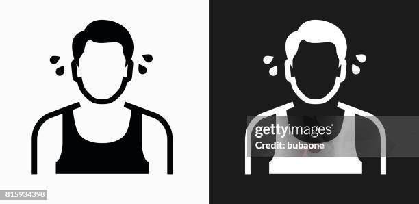 man sweating icon on black and white vector backgrounds - sweating stock illustrations