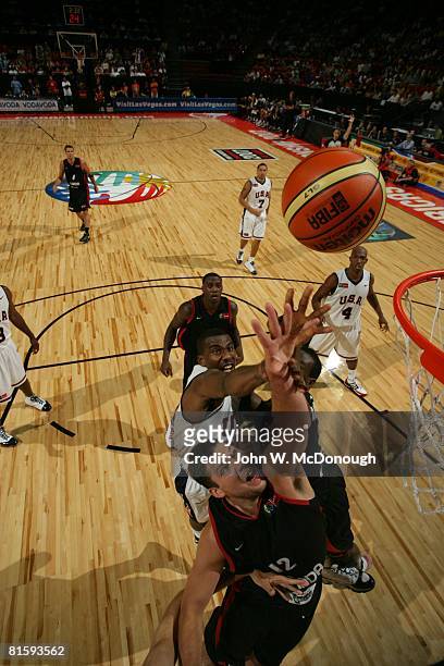 Basketball: FIBA Americas Championship, Aerial view of USA Amare Stoudamire in action vs Canada Jesse Young during Preliminary Round, Las Vegas, NV...