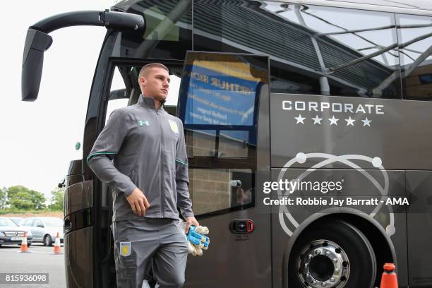 Sam Johnstone of Aston Villa arrives during the pre-season friendly match between Shrewsbury Town and Aston Villa at Greenhous Meadow on July 15,...