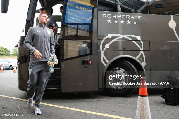 Sam Johnstone of Aston Villa arrives during the pre-season friendly match between Shrewsbury Town and Aston Villa at Greenhous Meadow on July 15,...