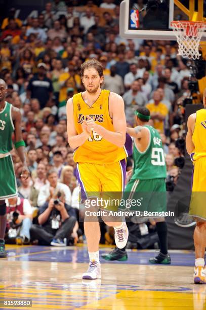 Pau Gasol of the Los Angeles Lakers celebrates during Game Three of the 2008 NBA Finals against the Boston Celtics at Staples Center on June 10, 2008...
