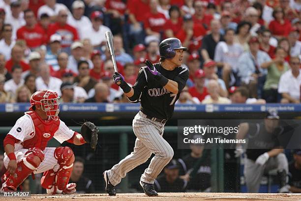 Baseball: NLDS Playoffs, Colorado Rockies Kaz Matsui in action, at bat vs Philadelphia Phillies, Game 2, Philadelphia, PA 10/4/2007