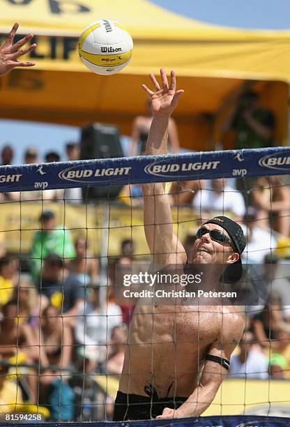 Casey Jennings hits the ball during the AVP Hermosa Beach Open final on June 8, 2008 at the Pier in Hermosa Beach, California. Phil Dalhausser and...