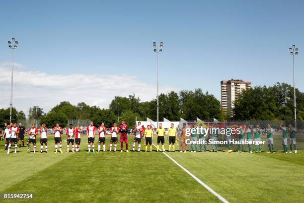 Southampton and St. Gallen line up before the pre-season friendly between FC Southampton and St. Gallen at Sportanlage Kellen on July 15, 2017 in...