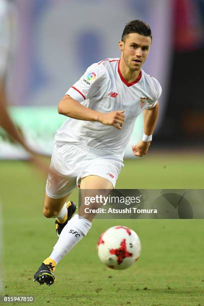 Sebastien Corchia of Sevilla FC runs with the ball during the preseason friendly match between Cerezo Osaka and Sevilla FC at Yanmar Stadium Nagai on...