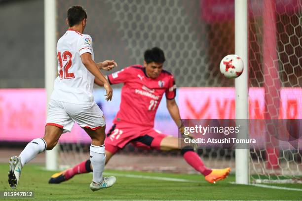 Wissam Ben Yedder of Sevilla FC takes a shot during the preseason friendly match between Cerezo Osaka and Sevilla FC at Yanmar Stadium Nagai on July...