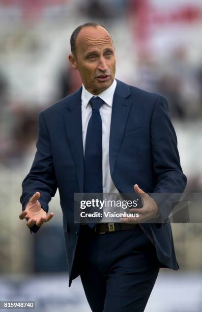 Nasser Hussain of Sky TV discusses a point before the first day of the second test between England and South Africa at Trent Bridge on July 14, 2017...