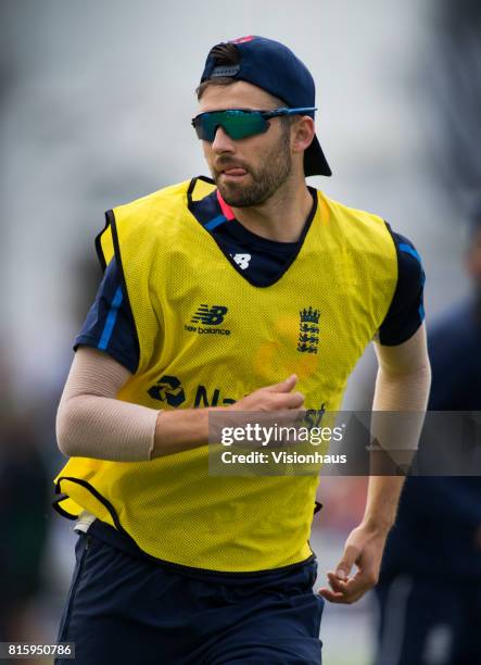 England's Mark Wood plays football before the first day of the second test between England and South Africa at Trent Bridge on July 14, 2017 in...