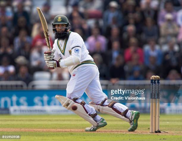 Hashim Amla of South Africa batting during the first day of the second test between England and South Africa at Trent Bridge on July 14, 2017 in...