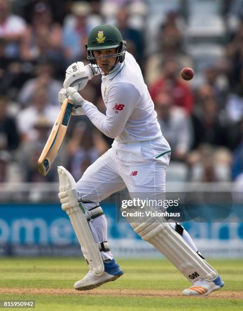 Quinton de Kock of South Africa batting during the first day of the second test between England and South Africa at Trent Bridge on July 14, 2017 in...