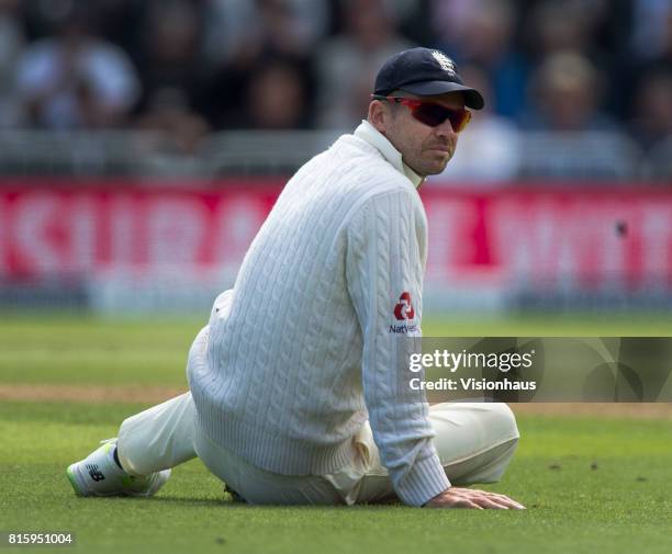 James Anderson of England watches the ball go to the boundary during the first day of the second test between England and South Africa at Trent...