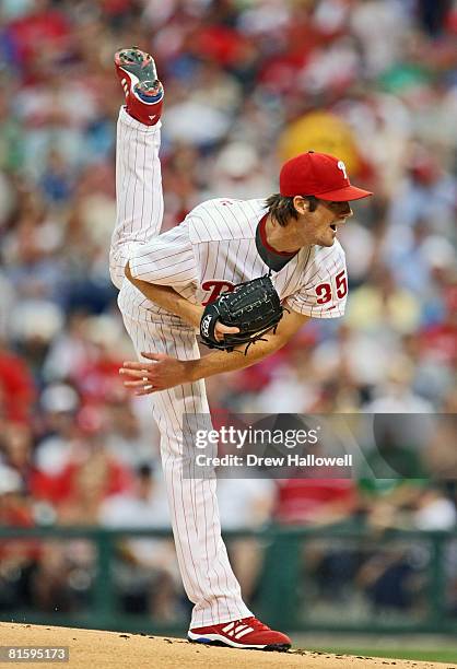 Starting pitcher Cole Hamels of the Philadelphia Phillies follows through on a pitch during the game against the Boston Red Sox at Citizens Bank Park...