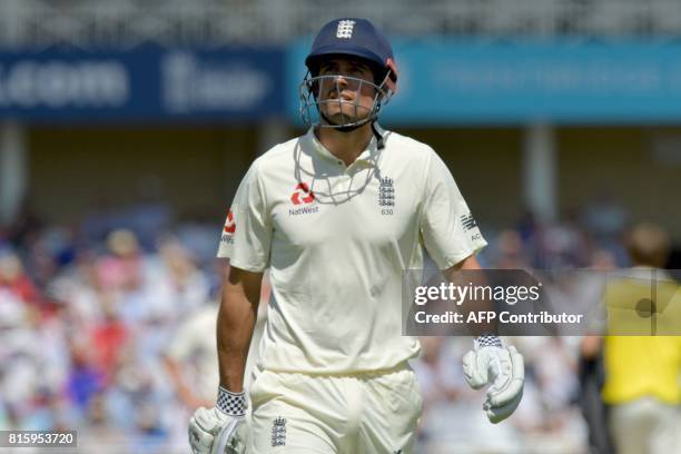 England's Alastair Cook leaves the field after losing his wicket for 42 runs on the fourth day of the second Test match between England and South...