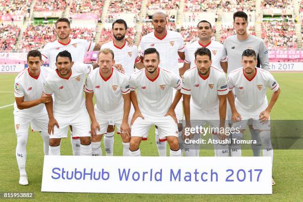 Players of Sevilla FC lines up for team photo during the preseason friendly match between Cerezo Osaka and Sevilla FC at Yanmar Stadium Nagai on July...