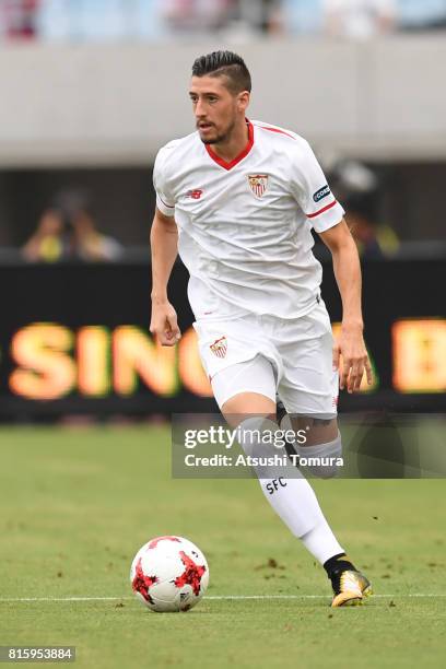 Sergio Escudero of Sevilla FC runs with the ball during the preseason friendly match between Cerezo Osaka and Sevilla FC at Yanmar Stadium Nagai on...