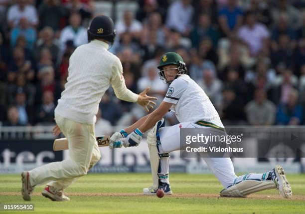 Chris Morris of South Africa batting during the first day of the second test between England and South Africa at Trent Bridge on July 14, 2017 in...