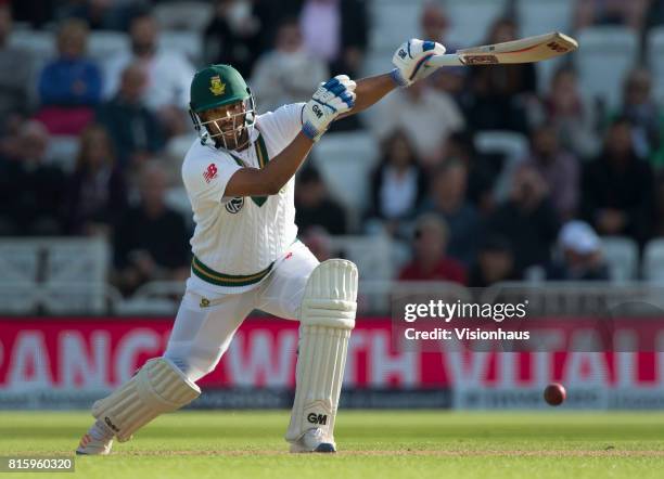 Vernon Philander of South Africa batting during the first day of the second test between England and South Africa at Trent Bridge on July 14, 2017 in...