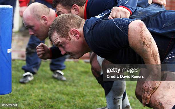 England Prop Tim Payne- practices his scrummaging during the England training session held at Christ's College on June 17, 2008 in Christchurch, New...