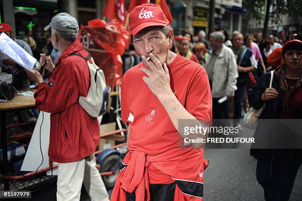 People demonstrate as part of a nationwide strike called by the two biggest unions CGT and CFDT on June 17, 2008 in Lyon, eastern France, to show...