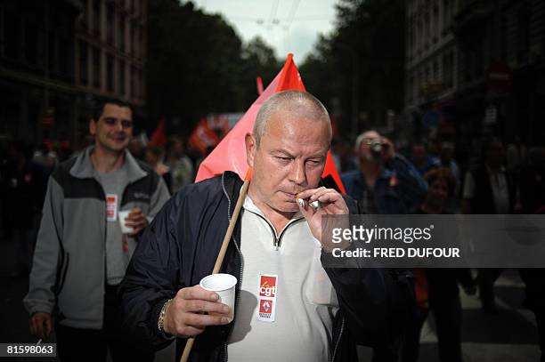People demonstrate as part of a nationwide strike called by the two biggest unions CGT and CFDT on June 17, 2008 in Lyon, eastern France, to show...