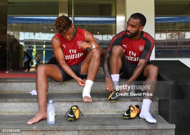 Alex Oxlade-Chamberlain and Alexandre Lacazette of Arsenal during an Arsenal Training Session at Yuanshen Sports Centre Stadium on July 17, 2017 in...